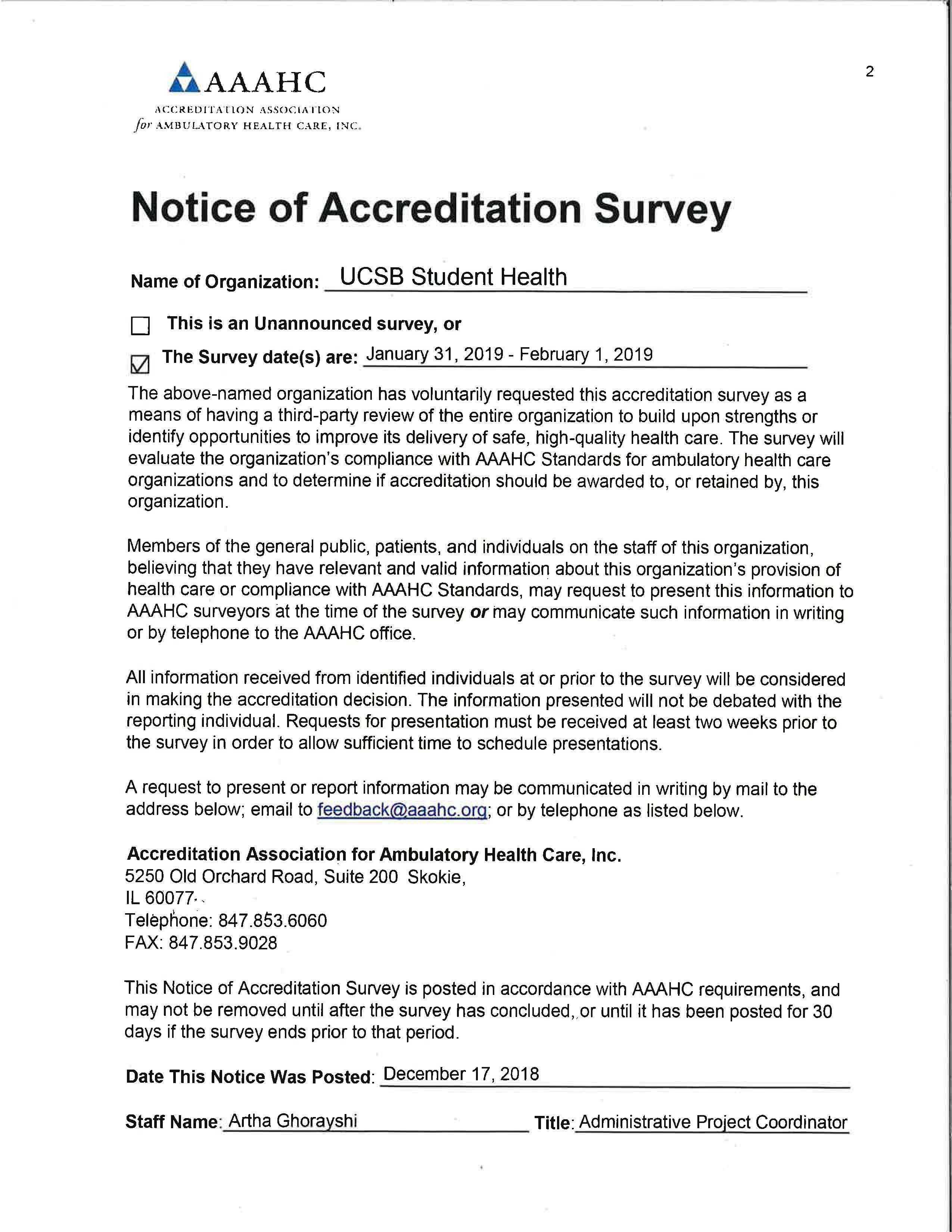 AAAHC Notice of Accreditation Survey